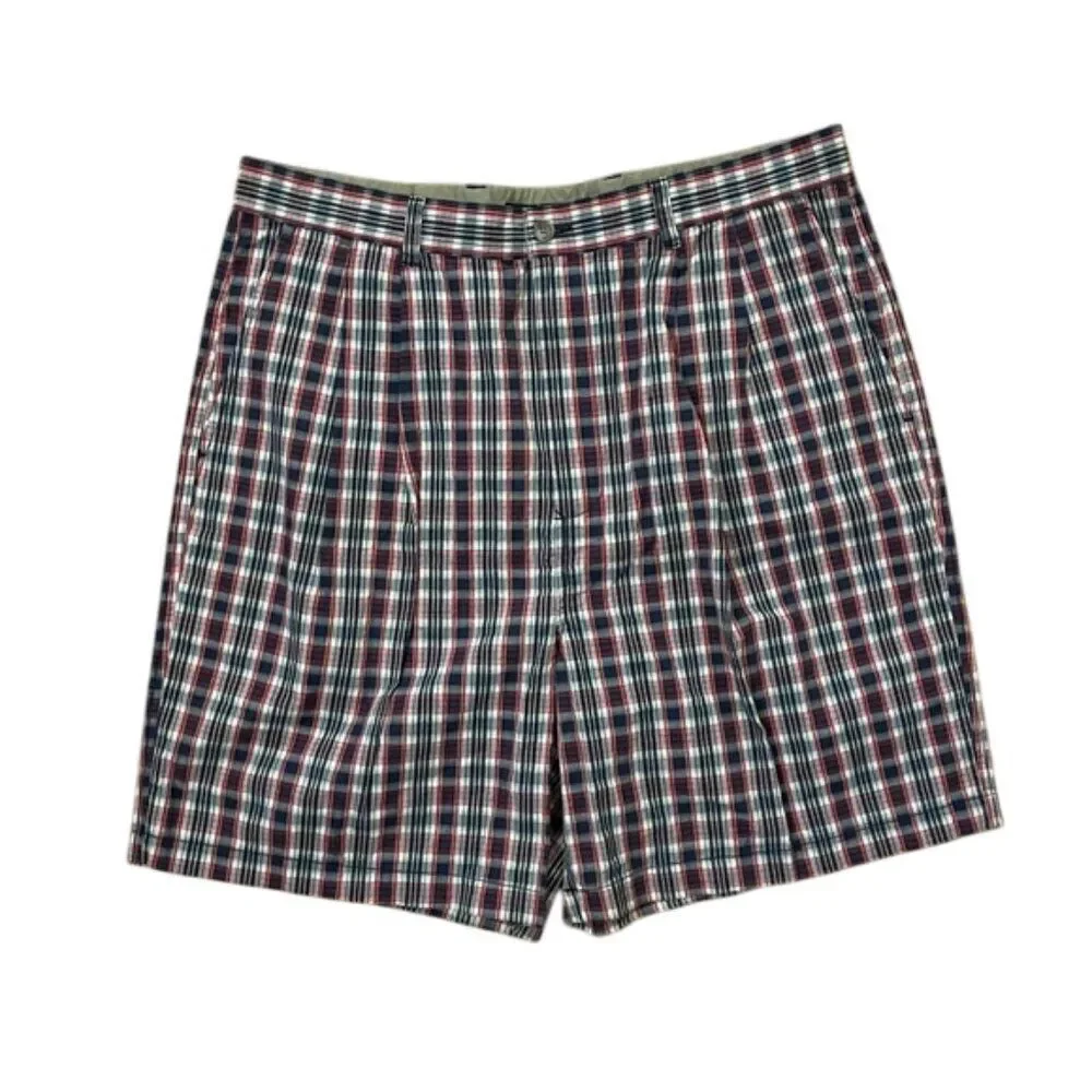 Tommy Hilfiger Vintage Red Black Plaid Pleated Shorts Mens Size 36